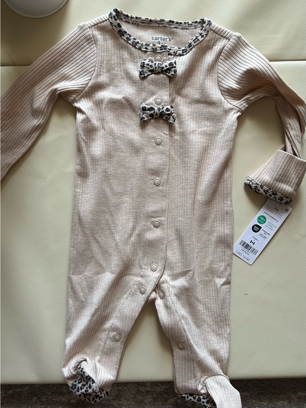 Carter's Cream Ribbed Footed One-Piece with Leopard Bow Accents
